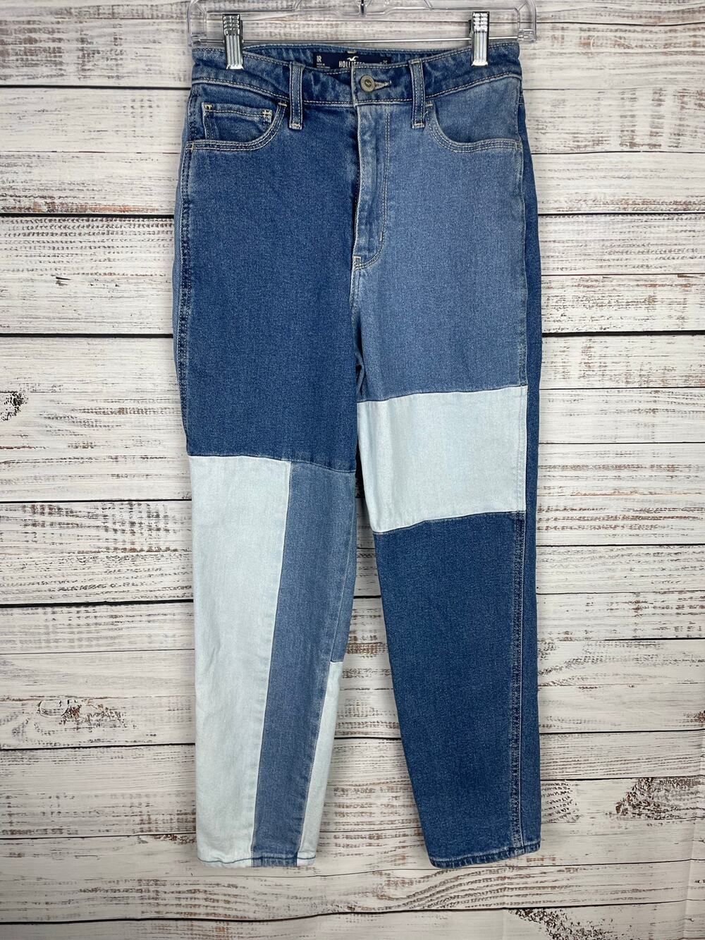 Hollister Ultra High Rise Mom Jean Colorblock Patchwork 25x27 1R Stretch Taper